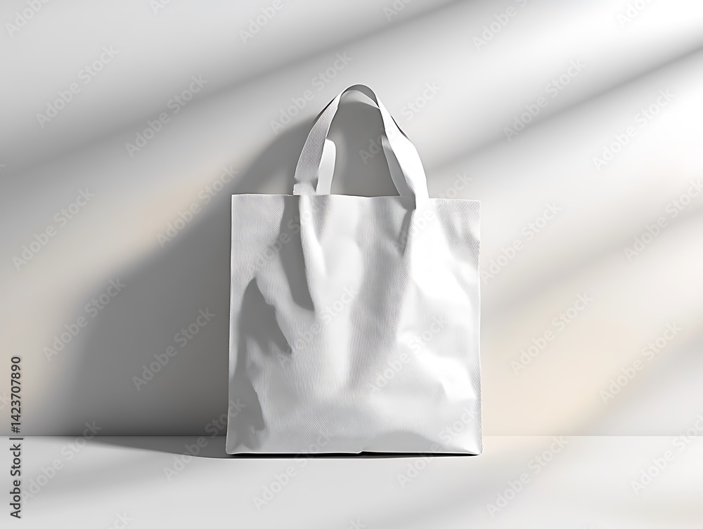 White Tote Bag On White Backdrop With Shadow Sunlight And Textured Details
