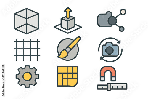 Digital 3D design and animation software interfaces utilize specific icons