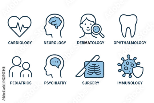 Hospitals and apps are represented by unique icons in medical fields