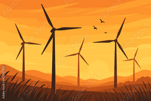 A glowing landscape of renewable energy at sunset