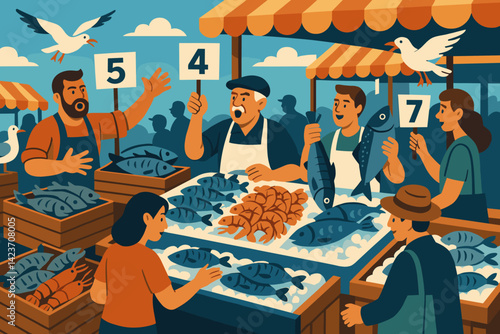 A vibrant seafood marketplace with variety, color, and activity