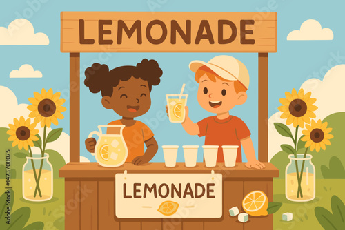 A vibrant lemonade stand operated by children outdoors with lively decorations