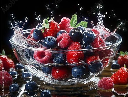 A bowl of mixed berries splashing into a crystal-clear glass bowl of wate,summer, colors, juicy,