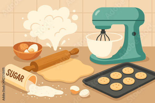 A vibrant atmosphere of baking is depicted with an assortment of ingredients and utensils strewn about in the midst of preparation