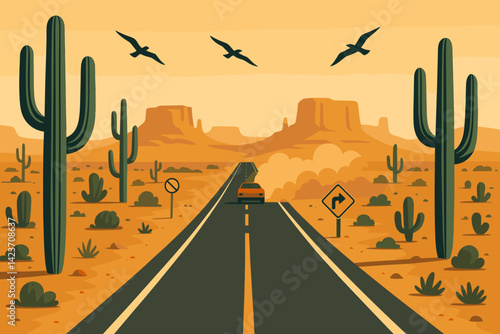 A vast expanse of desert unfolds with a solitary road and scarce vehicular activity