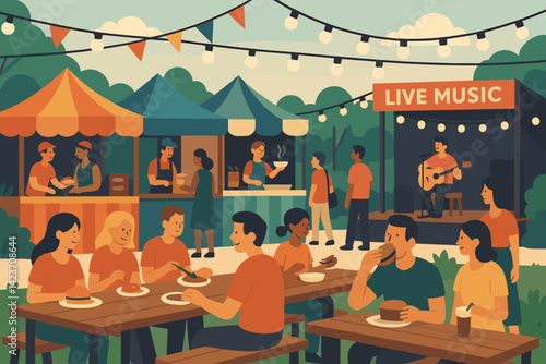 A vibrant celebration outside featuring an array of food vendors, twinkling lights, and an infectious atmosphere