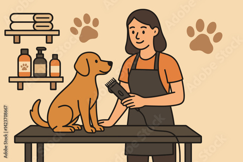 A modern pet grooming service in action with tools and a calm animal