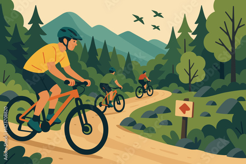 A forest biking adventure with cyclists riding along a scenic dirt path