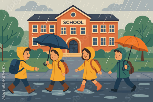 A rainy morning at school with kids arriving dressed in waterproof clothing and splashing through puddles