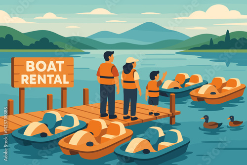 A calm lakeside boat rental with nature and people preparing for water fun