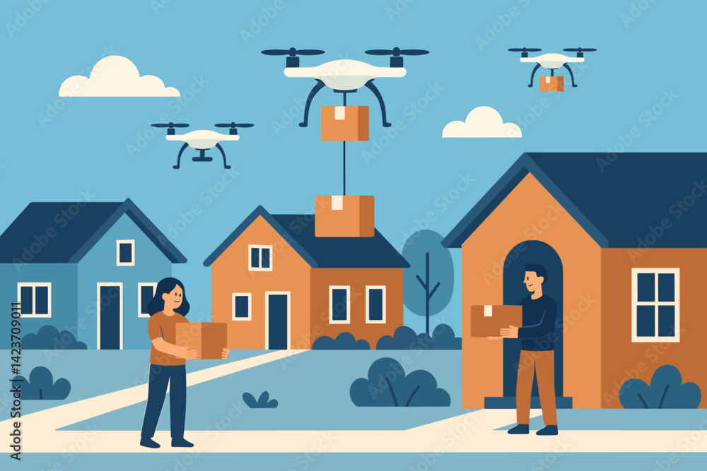 A futuristic delivery service with flying drones dropping packages in a suburban area A futuristic delivery service with flying drones dropping packages in a suburban area