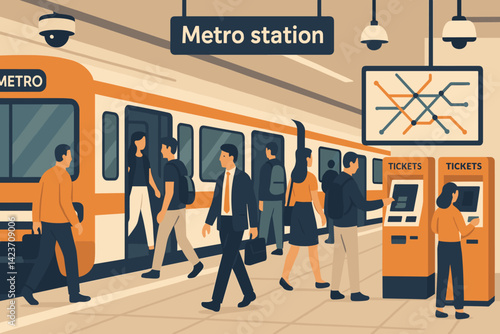A crowded underground metro station with passengers and trains