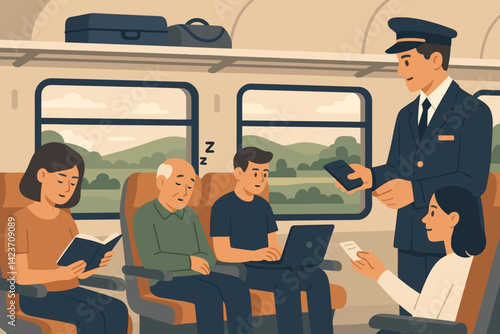 A daytime train journey with diverse passengers and interior details