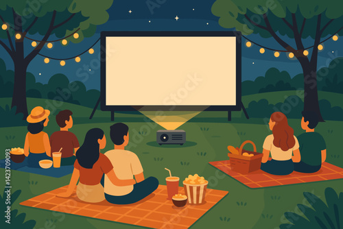 An outdoor movie night where people unwind and enjoy a film under the stars
