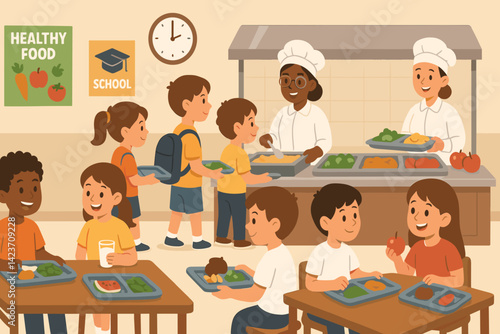 A busy school lunchroom with kids eating and staff serving food