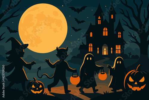 A festive Halloween night with kids, costumes, and spooky lights