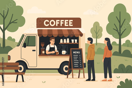 A mobile café van serving coffee to people in a city park