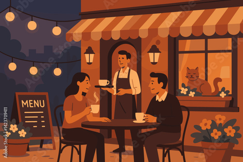 A captivating nighttime setting of a cafe, complete with illumination, patrons, and atmosphere
