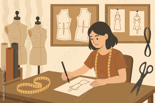 A room filled with sketches of the latest fashion trends, various tools, and an array of tailoring supplies