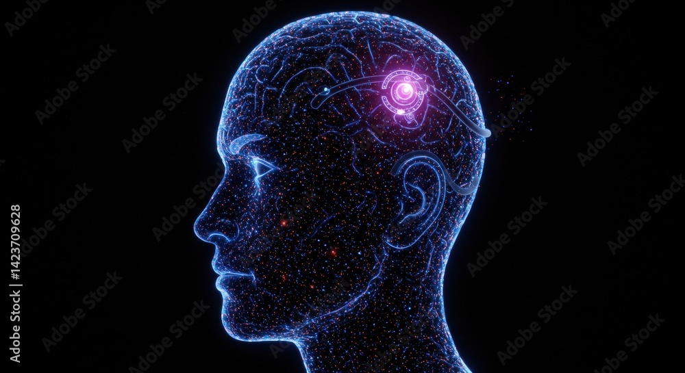 Obraz premium A detailed depiction showcases a human head in profile, illuminated to highlight the brain's structure and neural connections. The design incorporates vibrant colors and a digital aesthetic