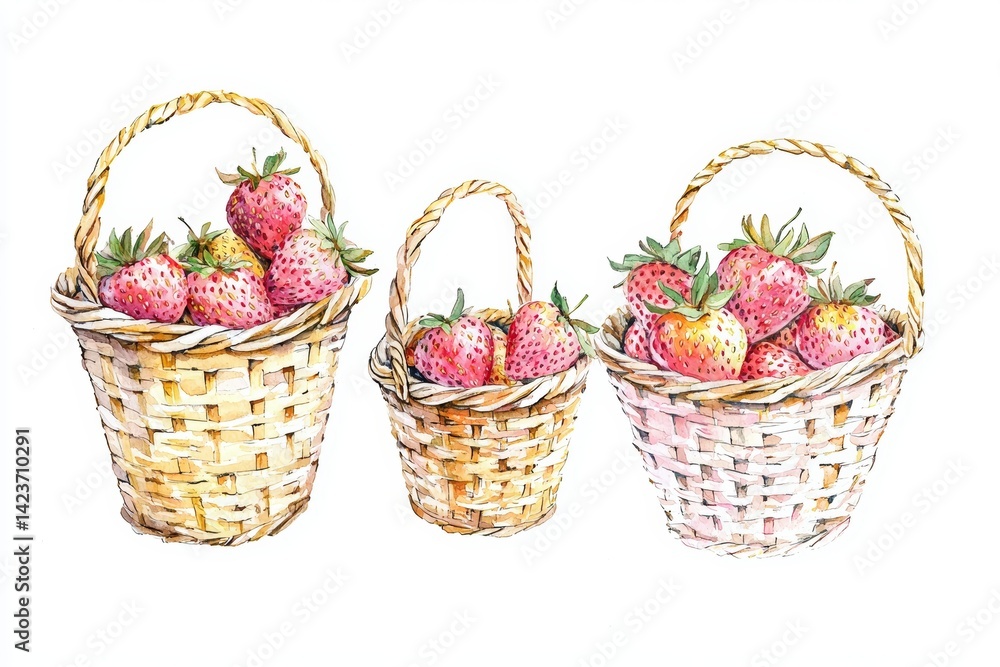Vibrant Market Stand Overflowing with Juicy Strawberries in Woven Baskets with Festive Colors Watercolor Illustration Vibrant Market Stand Overflowing with Juicy Strawberries in Woven Baskets with Festive Colors Watercolor Illustration