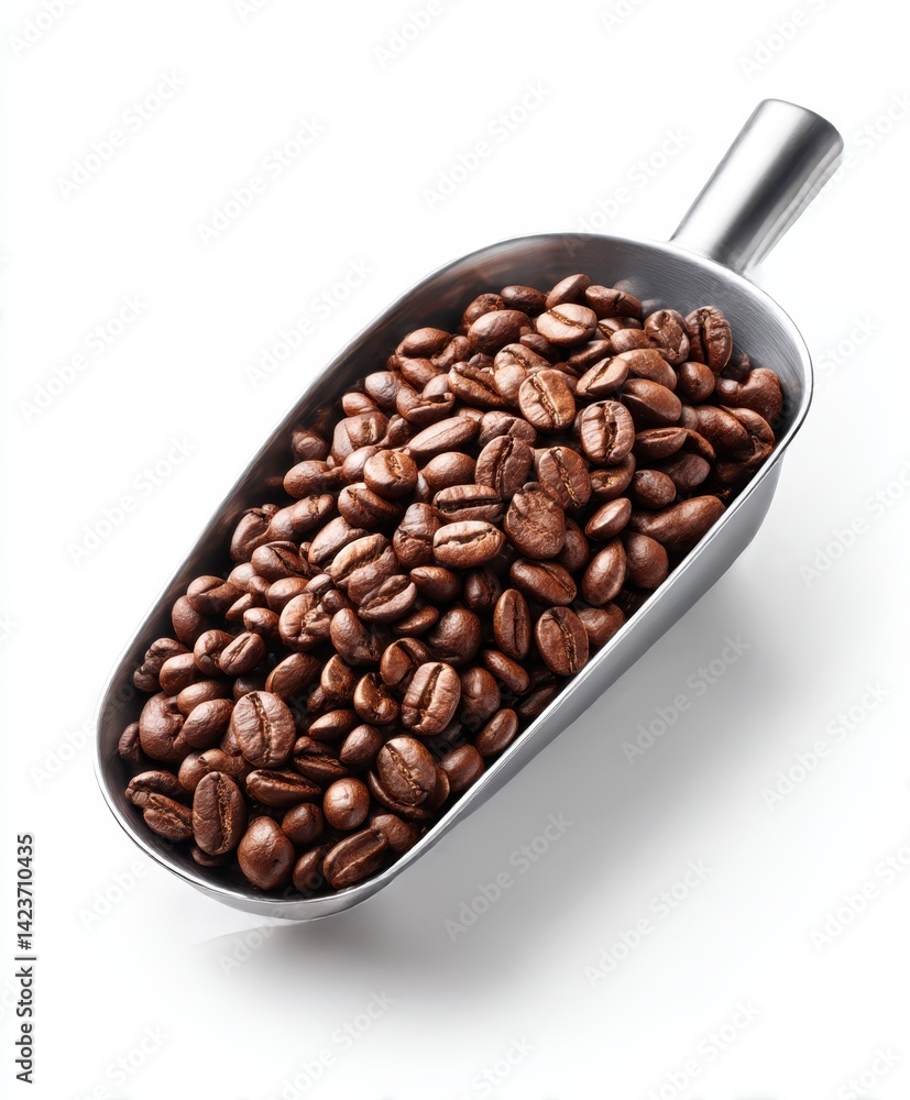 Fototapeta premium Scoop filled with roasted coffee beans on a white surface in a studio setting view from above