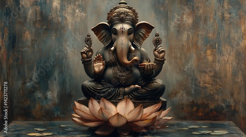 Majestic Ganesha statue, seated atop a lotus blossom, against a textured backdrop.