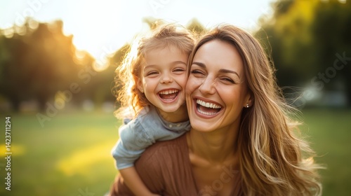 Fototapeta Naklejka Na Ścianę i Meble -  Joyful Mother and Daughter Embrace in Sunlit Park, Smiling Happiness