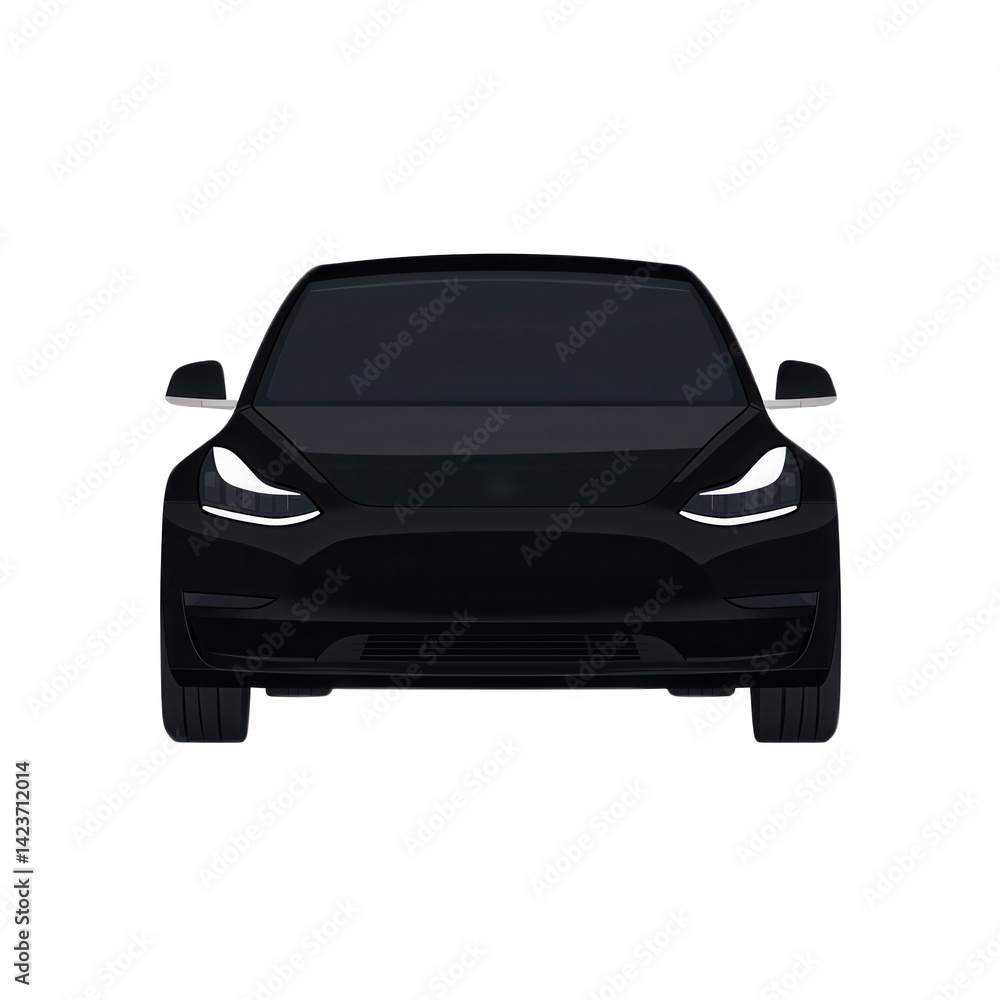 A sleek, modern electric car front view, showcasing a stylish design with a dark finish on a white isolated background. A sleek, modern electric car front view, showcasing a stylish design with a dark finish on a white isolated background.