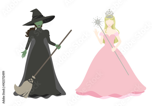 Vector illustration of a blonde good witch and a green-skinned wicked witch.Two witch characters from the Wizard of Oz in fantasy and fairy tales.