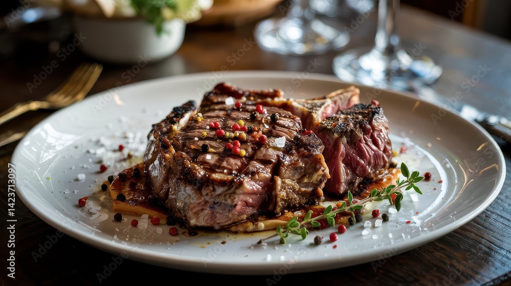 Steakhouse table setting macro showing porterhouse steak's charred crust on white porcelain with thyme sprig, crushed peppercorns, sea salt crystals, and blurred dark wood table backdrop Steakhouse table setting macro showing porterhouse steak's charred crust on white porcelain with thyme sprig, crushed peppercorns, sea salt crystals, and blurred dark wood table backdrop