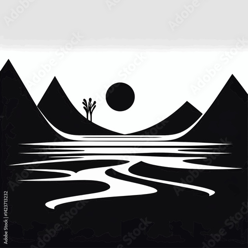 minimalist vector silhouette of surreal landscape