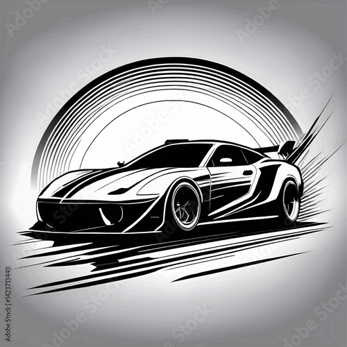 A black and white minimalist vector logo silhouette of futuristic drifting car
