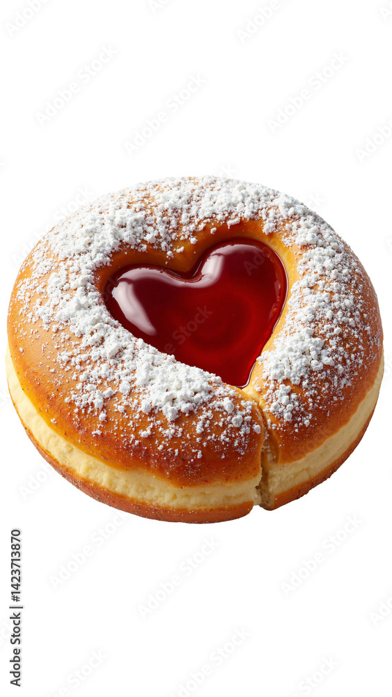High-resolution powdered sugar doughnut with heart-shaped strawberry jam filling, isolated on transparent background for food advertising. High-resolution powdered sugar doughnut with heart-shaped strawberry jam filling, isolated on transparent background for food advertising.