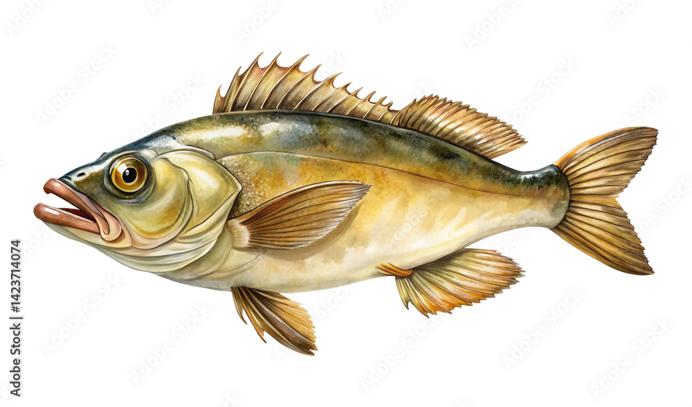 Fototapeta premium Watercolor illustration of a typical Perch fish on a white background
