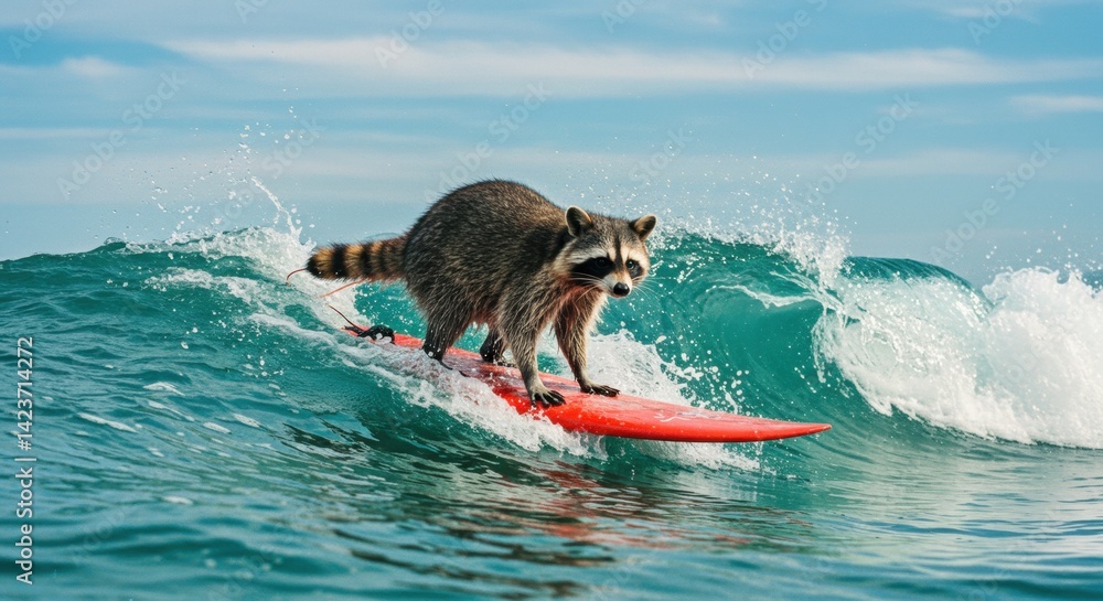 Obraz premium A raccoon skillfully balances on a bright red surfboard as it rides a wave in a vibrant blue ocean. The sun shines down on the scene, illuminating the water droplets that splash around the board. The