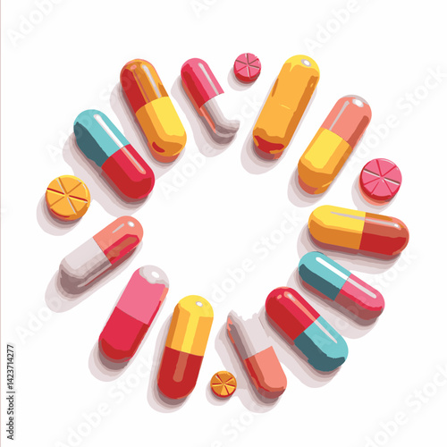 Colorful oversized pills arranged in circular pattern, medication concept