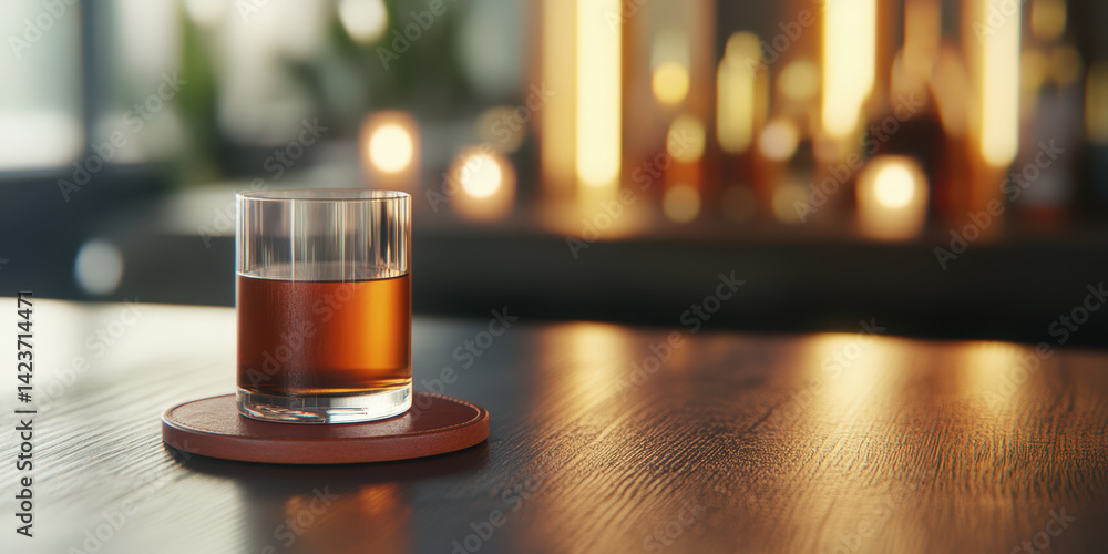 Elegant glass of whiskey on wooden table in ambient lighting of stylish bar setting Elegant glass of whiskey on wooden table in ambient lighting of stylish bar setting