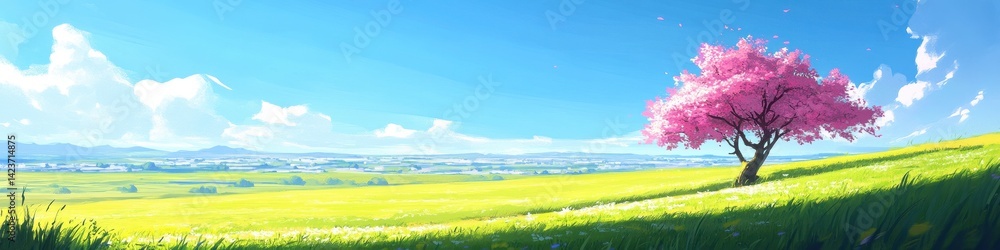 A vibrant springtime scene with a bright green field, a single blooming tree, and a distant horizon. The sky is open and perfect for text overlays. A vibrant springtime scene with a bright green field, a single blooming tree, and a distant horizon. The sky is open and perfect for text overlays.