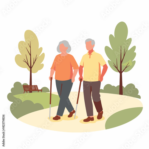 Elderly couple walking together in a park, companionship and wellness
