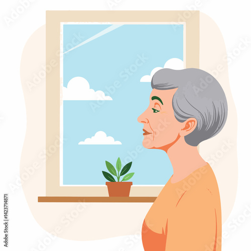 Elderly woman gazing serenely out the window, reflection and wisdom