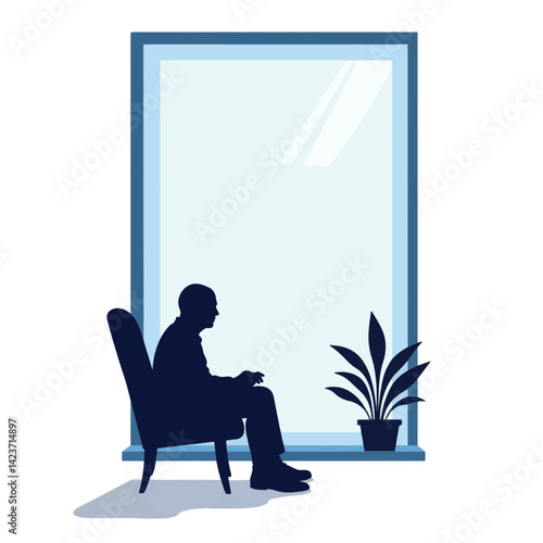 Senior man contemplating by window silhouette, peaceful reflection