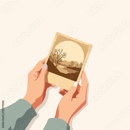 Gentle hands holding a nostalgic photograph, timeless memories