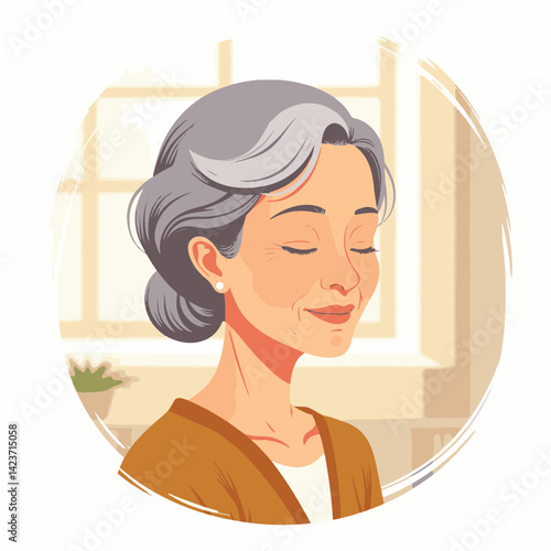 Elderly woman enjoying peaceful moment in warm light, serenity