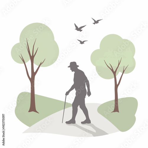 Elderly retiree strolls in park path, serenity in simplicity