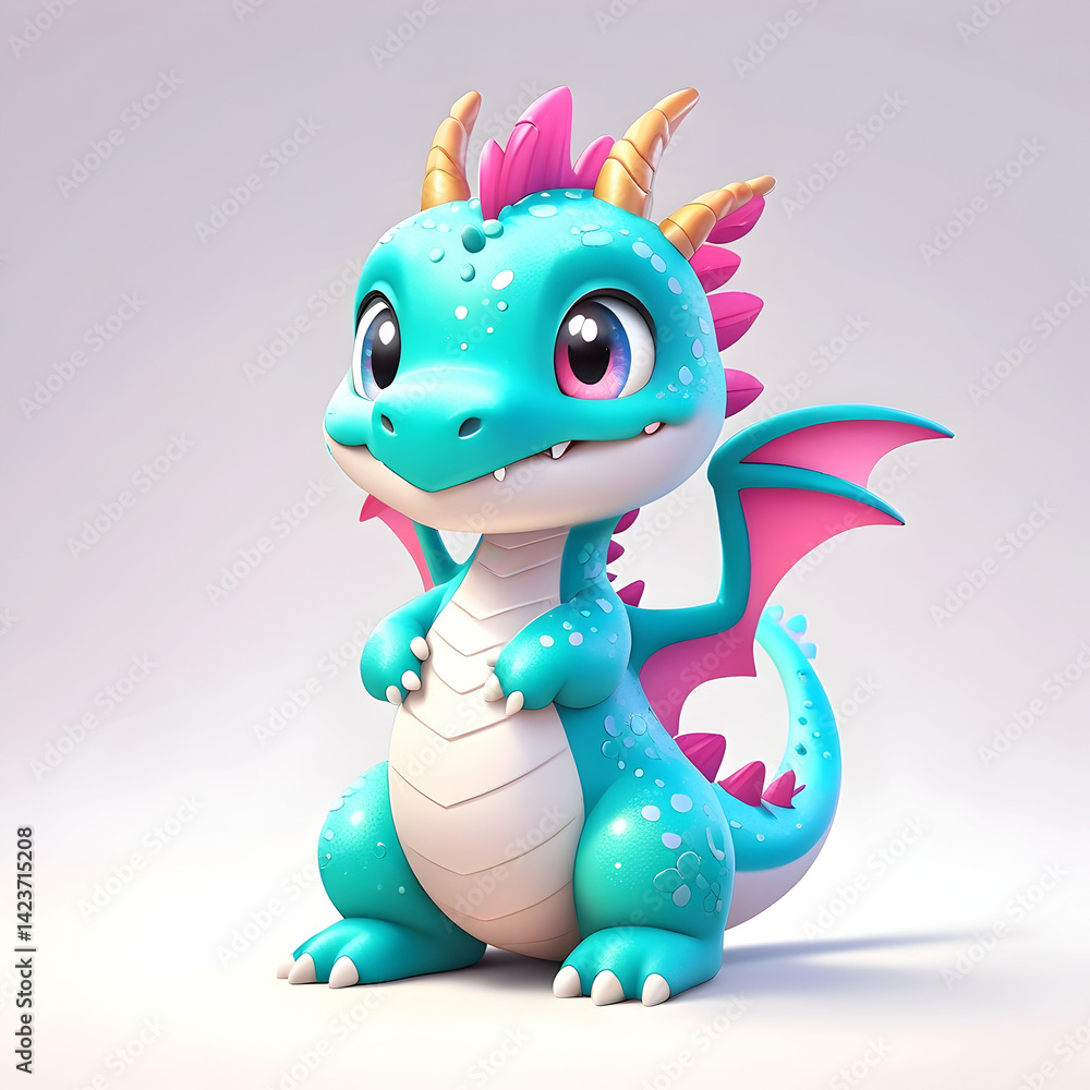 Blue cute baby dragon with glitter and sparkle on the scales, with big eyes and horns, wings spreading delicately, revealing shimmering scales against soft gray backdrop Blue cute baby dragon with glitter and sparkle on the scales, with big eyes and horns, wings spreading delicately, revealing shimmering scales against soft gray backdrop