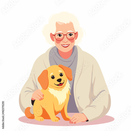 Elderly woman smiling with fluffy dog, warmth and companionship