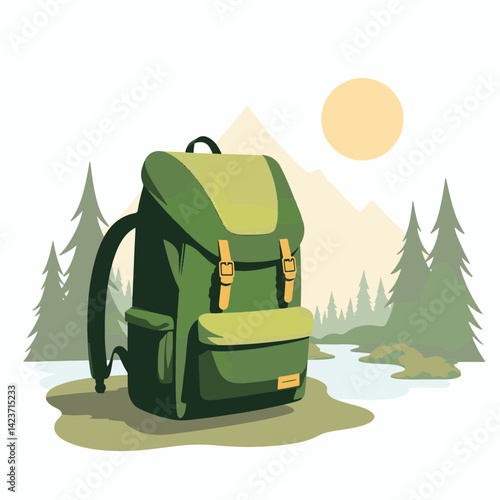 Stylish olive green backpack in serene nature scene, adventure ready