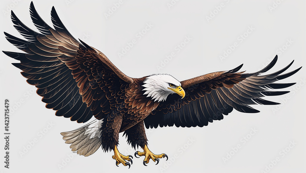 Naklejka premium Majestic Bald Eagle Soaring With Wings Spread Against A Clean Background