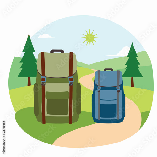Two hiking backpacks on a trail in green hills, nature adventure